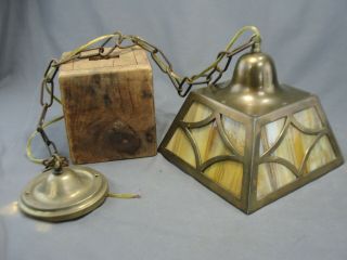 Antique Arts Crafts Mission Era Slag Glass Brass Pendant Chandelier Rewired