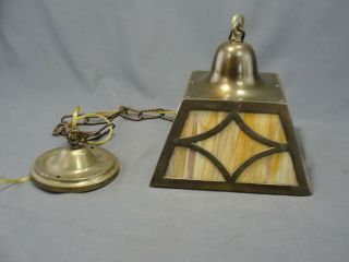 Antique Arts Crafts Mission Era Slag Glass Brass Pendant Chandelier Rewired 3