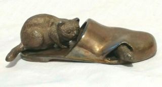 Vintage Cast Gilt Bronze Figurine - Cat Chasing Mouse In Slipper - Rare