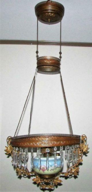 Ornate Antique Hanging Kerosene Oil Lamp Brass Frame With Font,  Burner,  Chains