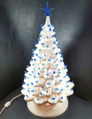 Vintage Holland Mold Ceramic Christmas Tree 22 " Iridescent White Blue Bulbs Bird