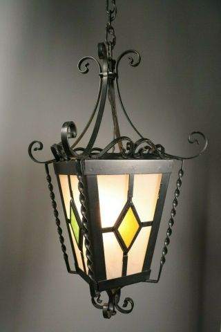 French Vintage Lantern Wrought Iron Stained Glass Elegant Hallway Porch Light