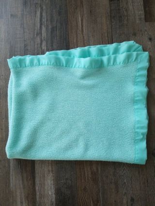 Vintage Baby Morgan Acrylic Thermal Crib Blanket Aqua Blue Green Nylon Trim Edge