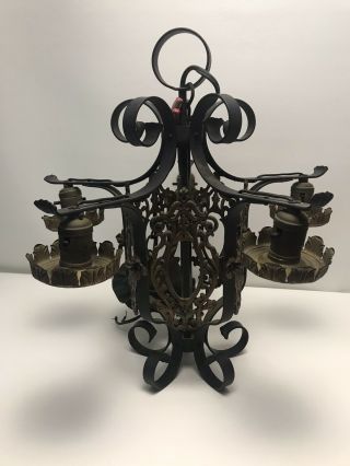 Antique Vintage Gothic Black Wrought Iron Ornate Hardwired 4 Lamp Chandelier