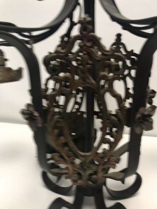 Antique Vintage Gothic Black Wrought Iron Ornate Hardwired 4 Lamp Chandelier 2