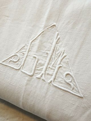 Vintage French Linen Blend Sheet Monogram Gm Ivory White 80 X 136 " Smooth Vgc