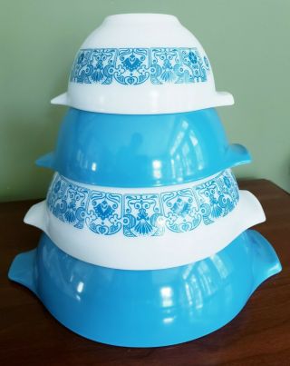Vintage Pyrex Horizon Blue Cinderella Handle Nesting Mixing Bowls Set S 441 - 444