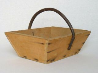 Primitive Vintage French Wooden Garden Trug Gathering Basket,  Branch Handle