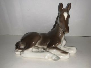Vintage Lomonosov Russian Porcelain Resting Foal Brown Ceramic Figurine Horse