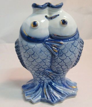 Vintage Double Koi Carp Blue And White With Gold Trim Fish Bud Vase