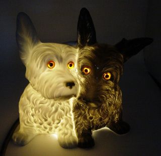 Lovely Art Deco Porcelain Perfume Lamp Black And White Scottish Terrier Dogs
