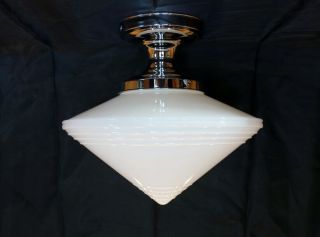 Vintage Art Deco Milk Glass Globe Ceiling Light With Chrome Plated Base - Large