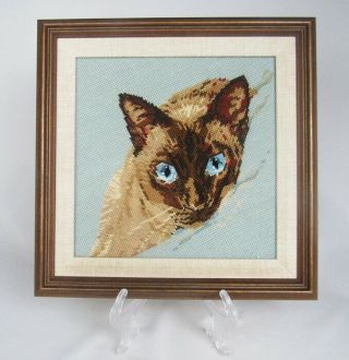 Vintage Resting Waking Siamese Cat Framed Needlepoint Art -