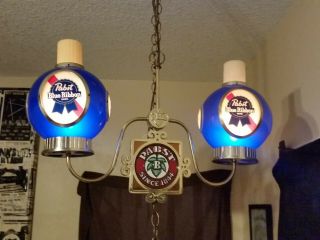 Vintage Pbr Pabst Blue Ribbon Hanging Double Light Chandelier -