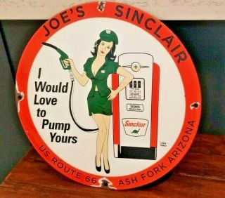 Vintage Sinclair Gasoline Porcelain Route 66 Pin Up Girl Pump Yours Service Sign
