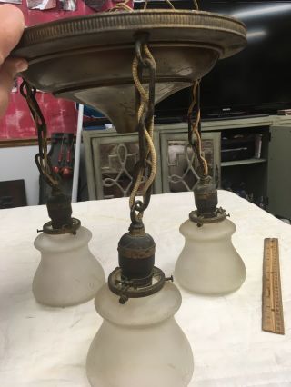 Antique Brass Hanging 3 - Light Lamp Ceiling Mount Fixture Victorian Glass Shades