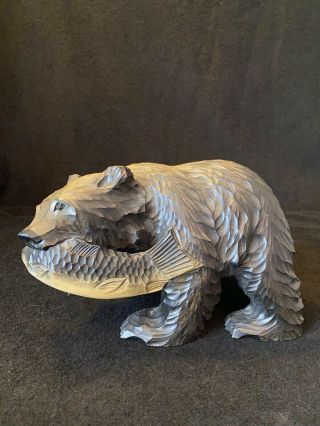 Vtg Ainu Wood Carved Grizzly Bear & Salmon Figure Made In Japan S Takahashi