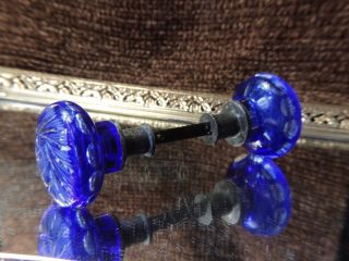 Antique Cobalt Blue Cut To Clear Wheel Cut Glass Door Knob Set