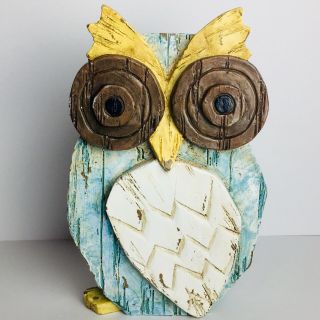 Faux Wood Block Owl Chunky Distressed Paint Big Eyes Shabby Chic Rustic Decor