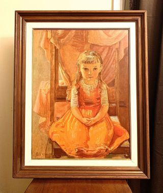 Large Vintage Little Girl Sitting Portrait Painting Art Print Wood Frame