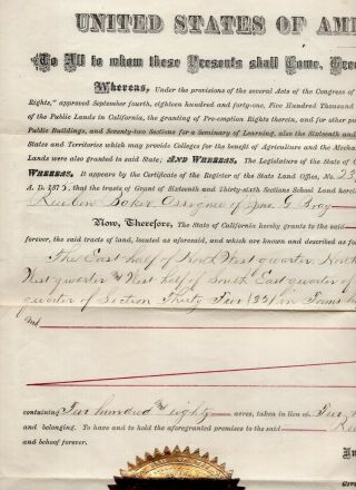 1875 California School Land Document Signed By Governor Romualdo Pacheco