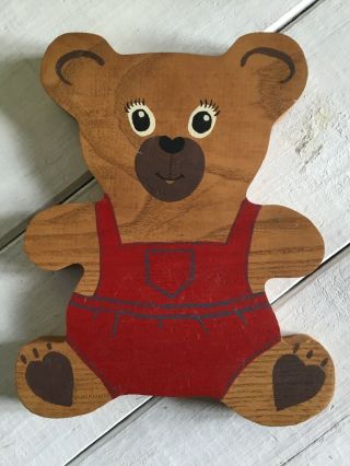 Vintage Thick Wood Wall Plaque Teddy Bear Folk Art Red 9 " Tall Country