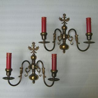 Vintage Pair Wall Sconces Light Dutch Flemish Double Head Eagle Brass Lamp Vtg