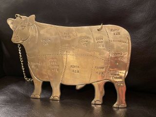 Vintage Butcher Shop Beef Cuts Meat Cow Solid Brass Sign Wall Hanging Chart 12 "