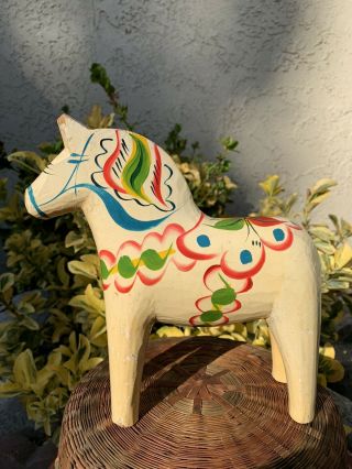 Vintage White Cream Swedish Dala Horse Hand Carved & Painted Folk Art Wood 8 "