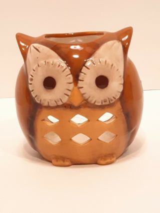 Ceramic Glazed Owl Candle Holder Grasslands Road Brown Tan