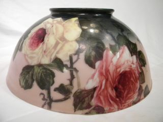 Vintage Hand Painted Glass Lamp Shade Rose Floral Design 14 " X 5 3/4 ",  6 " Tall
