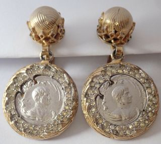Vintage Nettie Rosenstein Gold Plate Silver Tone Rhinestone Medallion Earrings