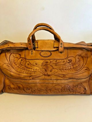 Huge Vintage Hand Tooled Leather Travel Bag Argentina 22 " X 10 " X 7 " Exc.  Cond.