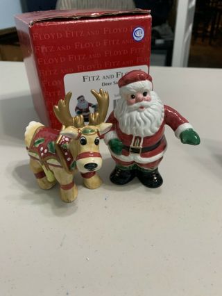 Fitz And Floyd Santa & Reindeer Salt & Pepper Shakers Christmas 2003 Deer Santa