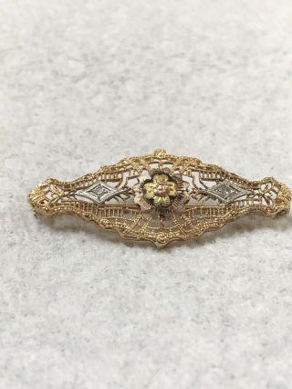 Antique Victorian Solid 14k Rose Gold & Diamond Filigree Brooch Pin