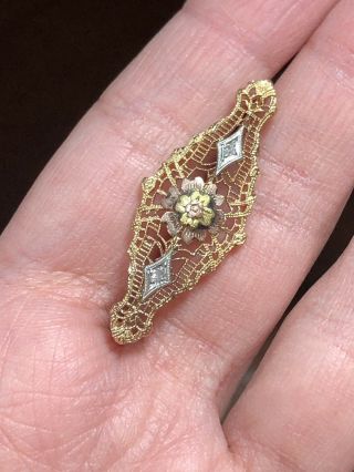 Antique Victorian Solid 14k Rose Gold & Diamond Filigree Brooch Pin 2