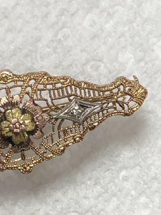 Antique Victorian Solid 14k Rose Gold & Diamond Filigree Brooch Pin 3