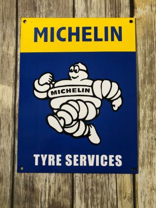 Vintage Michelin Man Tyre Services Metal Porcelain Sign Tires Bibendum 12”