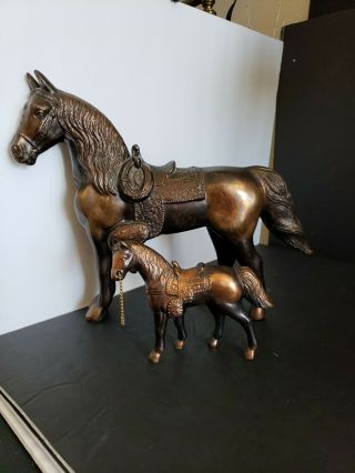 2 Vintage Cast Metal Brass Or Copper Finish Horse With Saddle 10 " & 4.  5 "