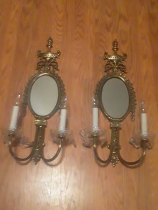 1900s Vintage Antique Brass Mirror Candlestick Wall Sconce Set Of 2