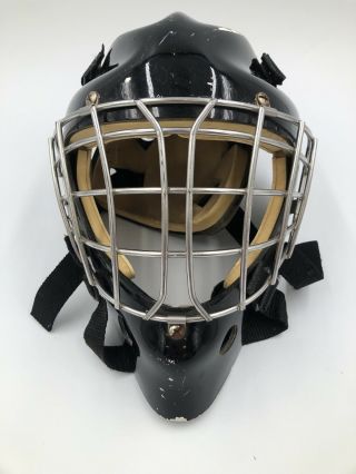 Vaughn Vtg Ice Hockey Goalie Mask - Pro Black Cage - Made In Usa Typ 1 Jm - 34