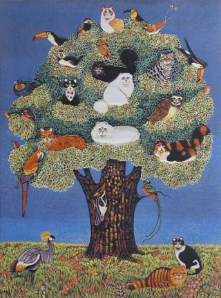 Stretched Needlepoint Woven Painting: Tree Of Cats