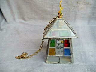 Vintage Leaded Stained Glass Porch/hall Lantern,  23 " Brass Hanging Chain 1970s