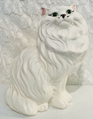 Vintage Hand Painted Life Size Persian Cat Ceramic Figure Statue 14.  5 " Green Eye