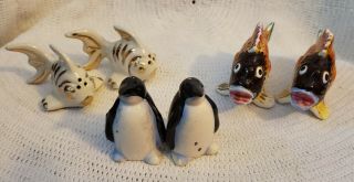 Vintage 2 Pairs Fish Salt And Pepper Shakers And 1 Set Penguin Japan