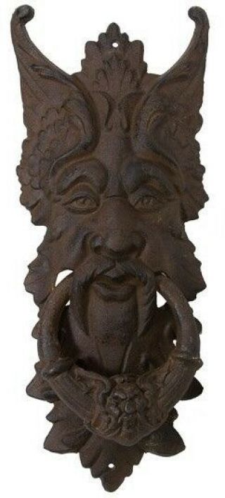 Gargoyle Door Knocker Cast Iron Large 20 " Rust Brown Green Man Celtic Leaf Metal