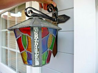 Vintage Leaded Stained Glass Porch Wall Lantern With Bracket Great Colours 1980s
