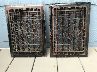 Pair 2 Antique Cast Iron Floor Heat Grate Vent Frame 14x10 Metal Register