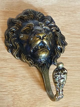 Vintage Antique Lion Head Solid Cast Brass Wall Hook Made In England 1461