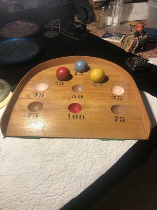 Vintage Carnival Fair Skee Ball Toss Roll Wood Game Board With 3 Wood Balls